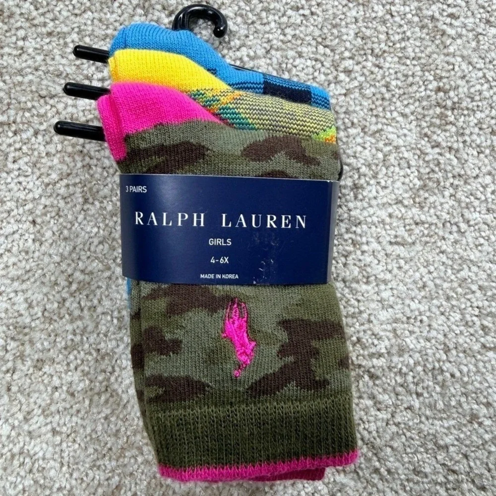 Ralph Lauren Girls 3 Pack Crew Socks Camo Plaid Check Multi Size 4-6X NEW